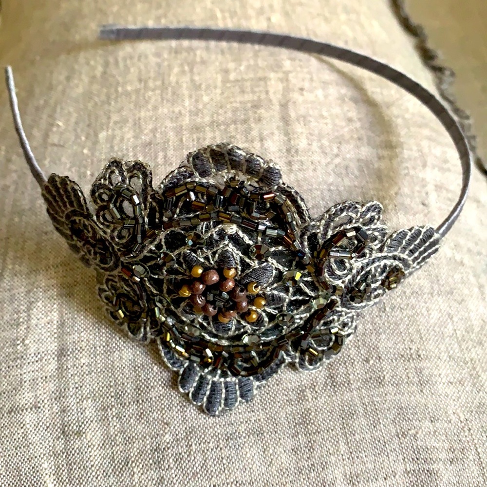 20’s style flapper Headband gray cloth, beads, crystals, sequins